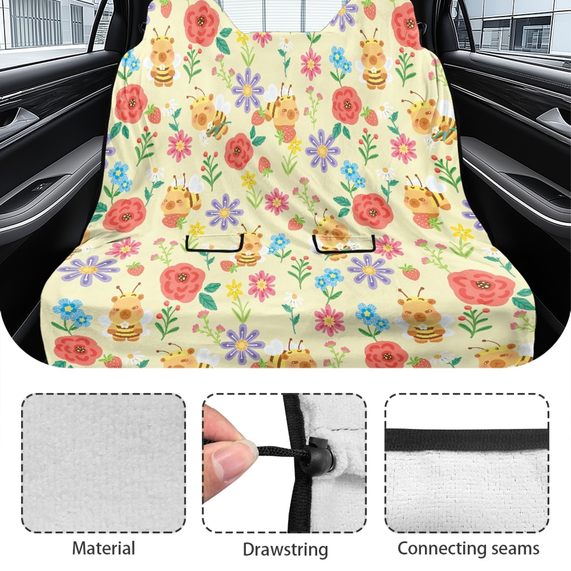 Drydeepin Bee Colorful Flowers Car Seat Cover Towel Backseat Breathable Rear Bench Towel Seat Covers Non-Slip Universal Fit for Sedan Trucks Van SUV, Automotive Seat Protector