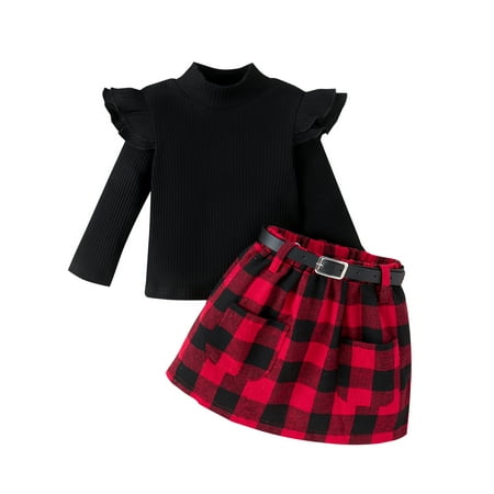 

Qtinghua Toddler Baby Girls Christmas Outfits Ribbed Turtleneck Tops and Plaids Skirt with Belt Fall Clothes Black 6-12 Months