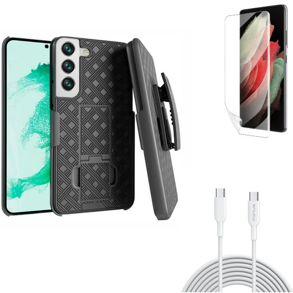 Matte Screen Protector & Case Belt Clip & 6ft Long Type-C Cable for Samsung Galaxy S22 Plus (S22 ) - Combo TPU Film Anti-Glare & Holster Swivel Cover & PD Fast Charger Cord Power Wire