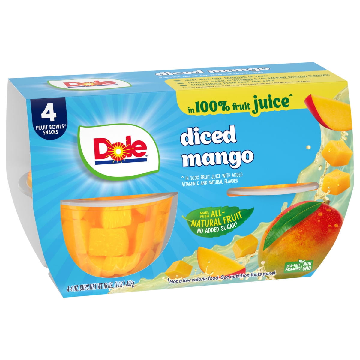 (3 pack) Dole Fruit Bowls Diced Mango in 100% Juice, 4 oz Cups (4 Pack)