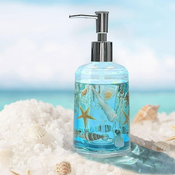 FONMY Refillable Countertop 18oz Soap Dispenser with Pump Acrylic w/ Seashell for Bathroom/Kitchen (Ocean Blue)