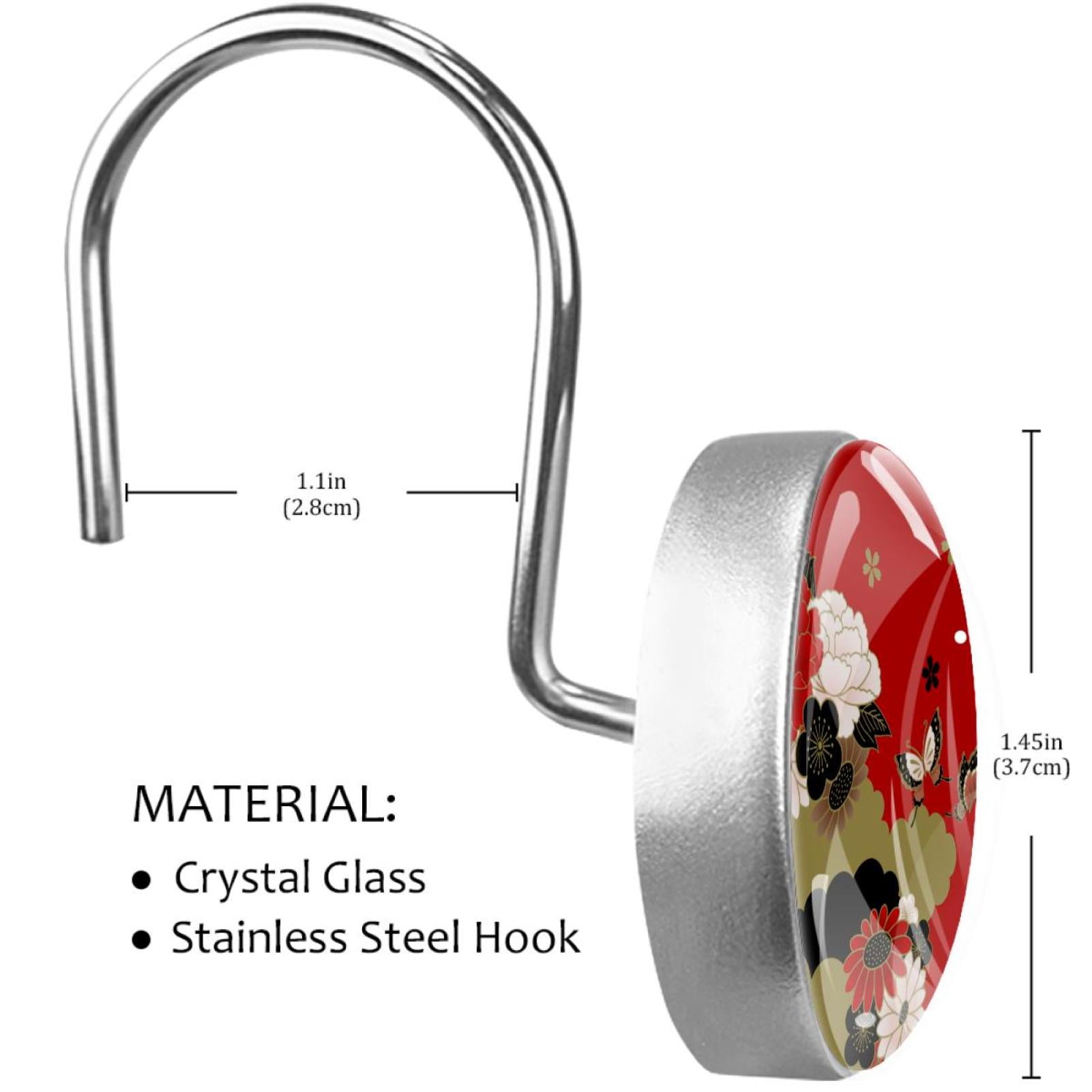Japanese Traditional Print Shower Curtain Hooks（Set of 12）for Home Hotel Shower Rods Bathroom Crystal Glass Print Stainless Steel Round Curtain Hooks