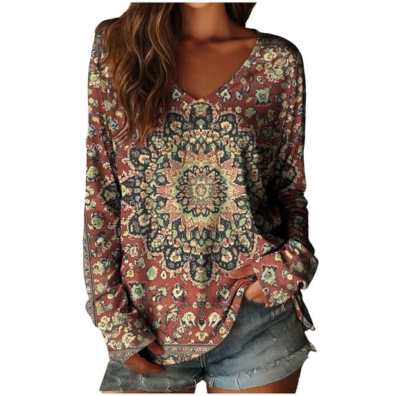 Aloohaidyvio Womens T Shirts Long Sleeve V Neck Basic Tee Casual Loose Fit Soft Tops