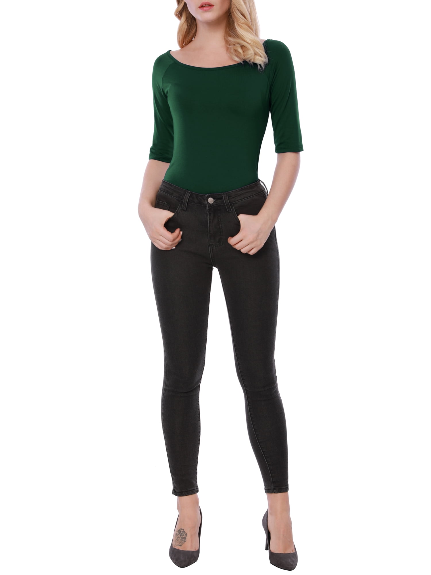 DARING DIVA Women's Slim Fit Pullover Boat Neck Stretchable T-Shirt XS Olive Green