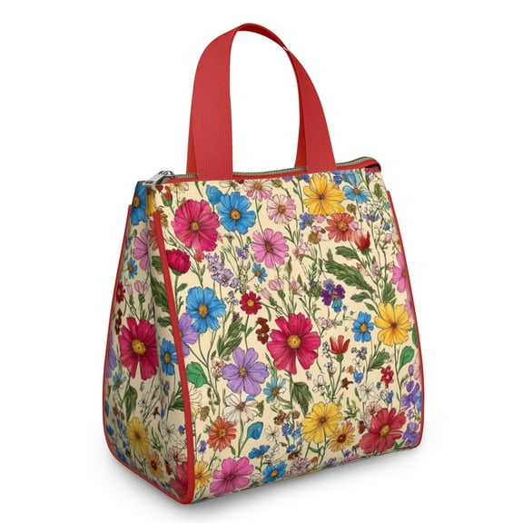 Pioneer Flower Floral Print Pattern Insulated Lunch Bag for Women & Adults,Large Portable Soft Cooler Lunch Bag,Thermal Food Storage Tote with Pearl Cotton,8.66L,8.75x5.75x9.5 Inch
