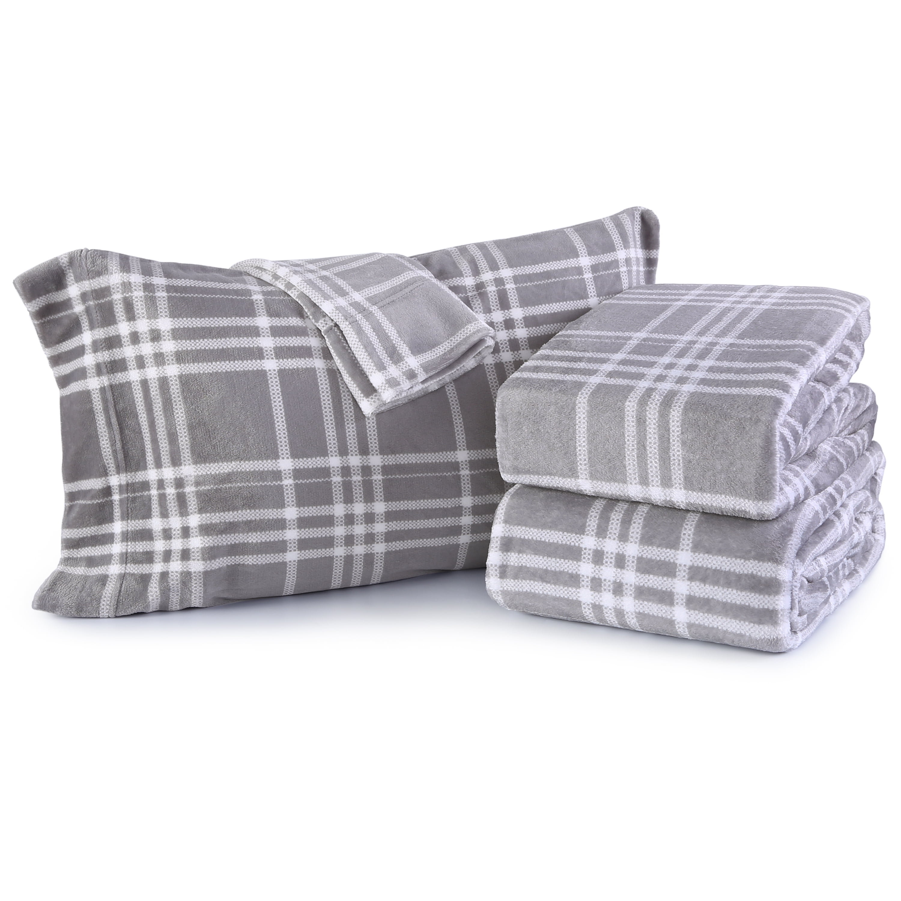 Berkshire Blanket Grey Cottage Plaid Velvetloft Sheet Set