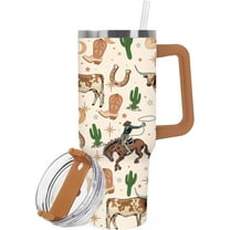 Western Cowboy Tumbler with Handle 40oz Brown Cowboy Hat Boots Cow Cacti Tumbler with Lid Straw Watercolor Wild West Stainless Steel Cup for Home Office Travel