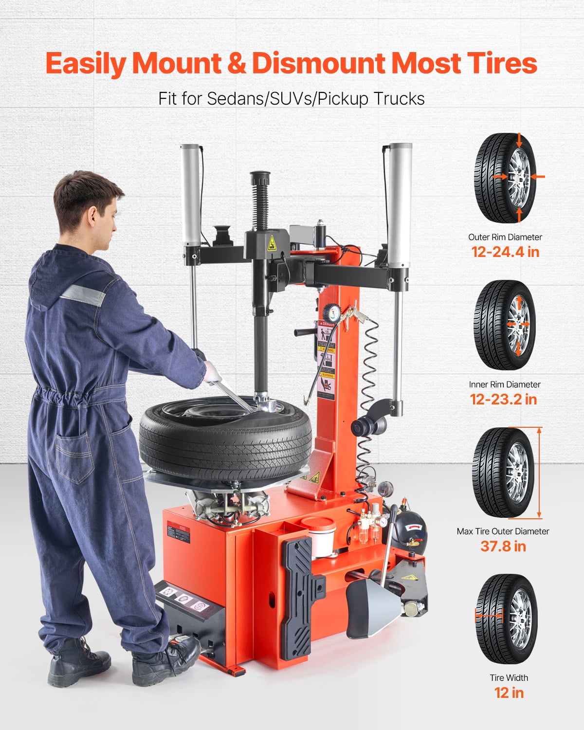 KFFKFF Tire Changer Machine with 1.5HP Motor, Sturdy Design Featuring Air Pressure Gauge & Pneumatic Assist Arm, Pedal-Controlled Operation with Reinforced Chuck, Suitable for Sedan, SUV