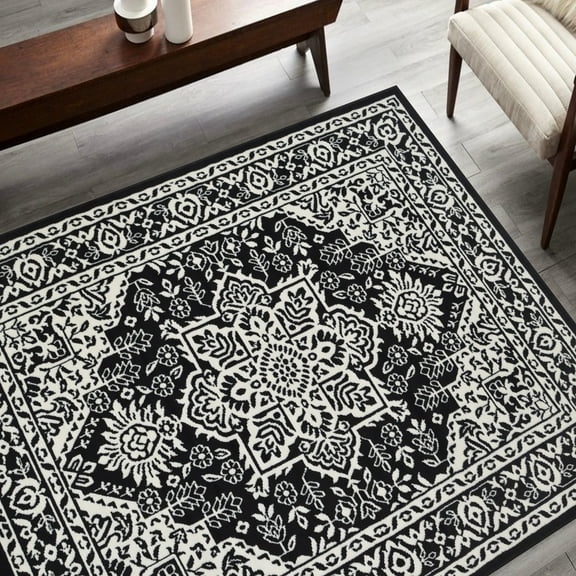 HR HANDCRAFT RUGS HR Traditional Rug for Living Room Antiqued Oriental Black and White Area Rug Boho Decor Rugs for Bedroom Black - 7' 5" x 10' 5"