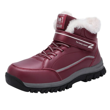 

Women Walking Shoes Fashion Winter Women Snow Boots Flat Non Slip Round Toe Lace Velvet Warm And Comfortable Snow Boots for Women Artificial leather Red