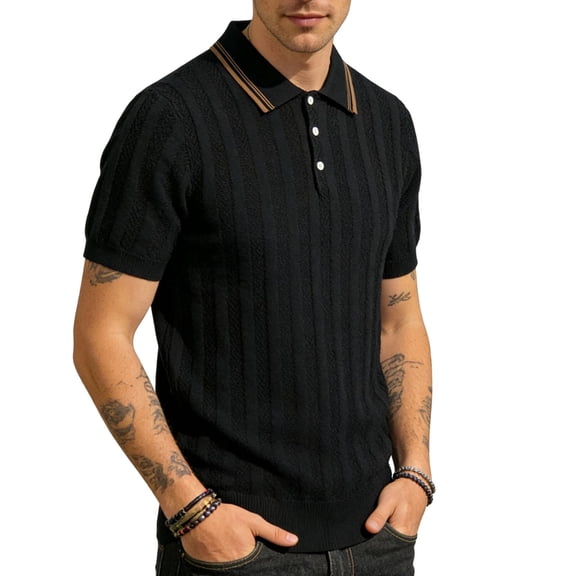 COSFO Golf Mens Polo Shirt Striped Knit Short Sleeve Shirt Slim Fit Collared Casual Pullover Summer Tops