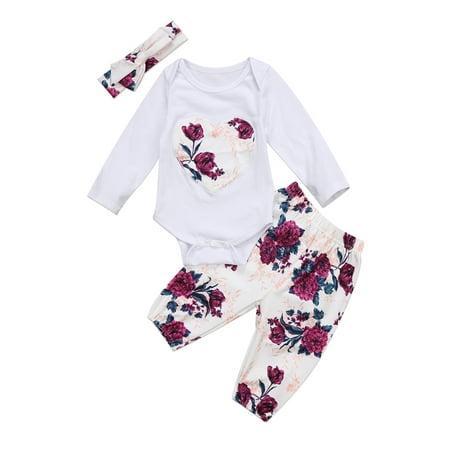 

Woshilaocai Infant Baby Girls Outfit Set Long Sleeve Floral Button Closure Romper Long Printed Elastic Band Pant Bow Hair Band