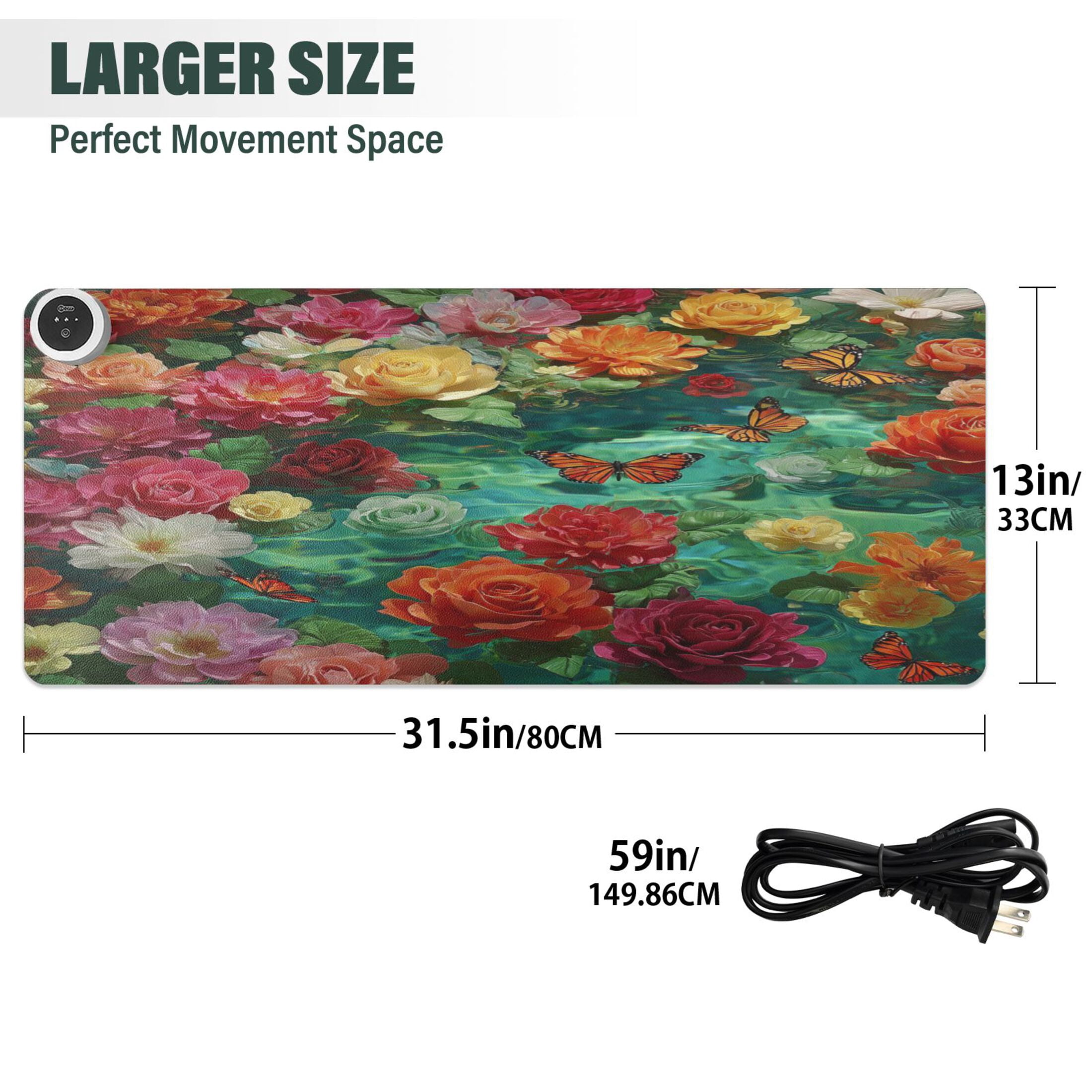 Large Heated Desk Mat Mouse Pad 31.5"x13"PU Leather Graphene Heating Desk Warmer with 3 Temperature Settings 110V US Plug Non-Slip Warm Pad for Home, Office, and Gaming Beautiful Flowers Of Colors