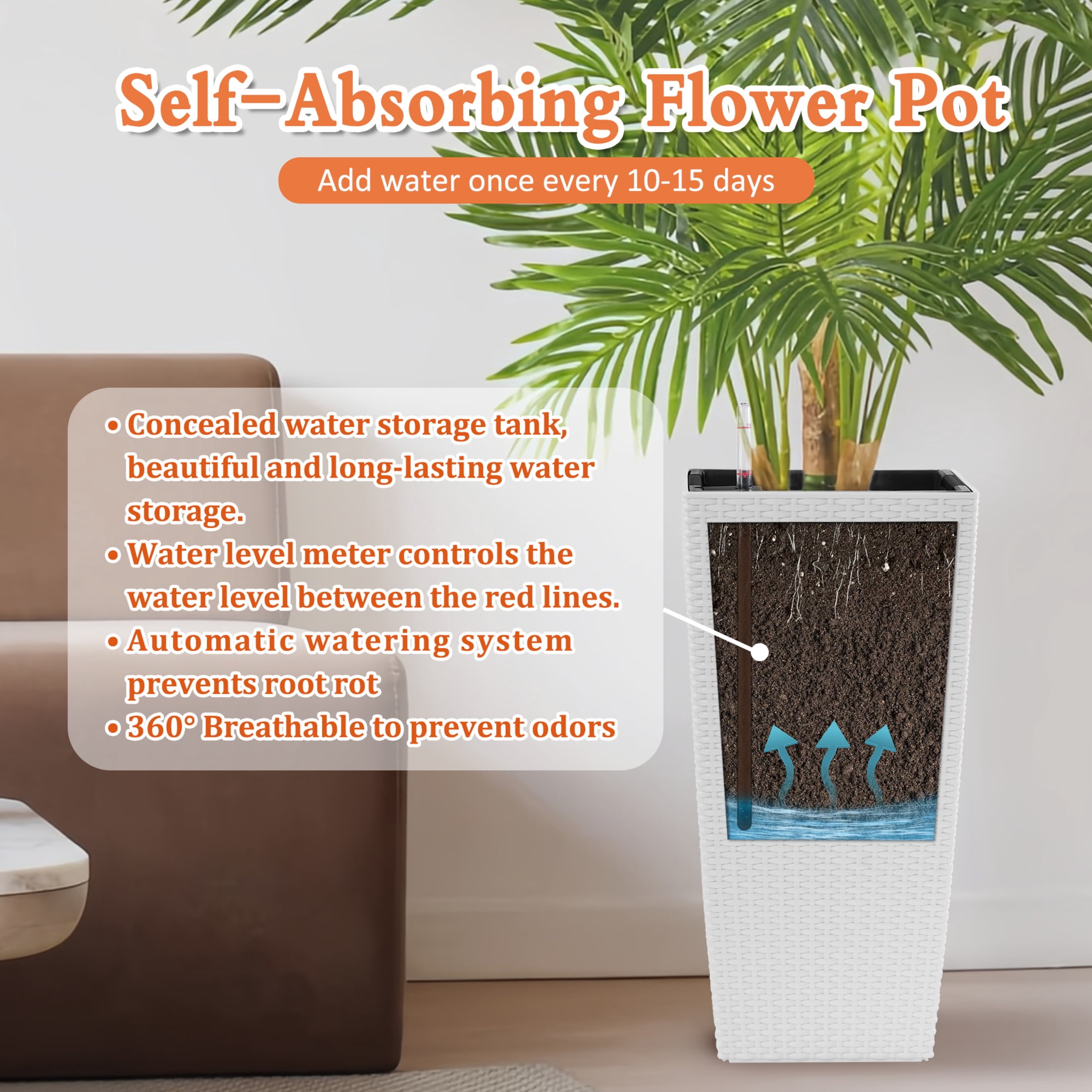 Noble House 2 Pack 22.61" Tall Square Self-Watering Planters, Faux Rattan Indoor Outdoor Flower Pots, White