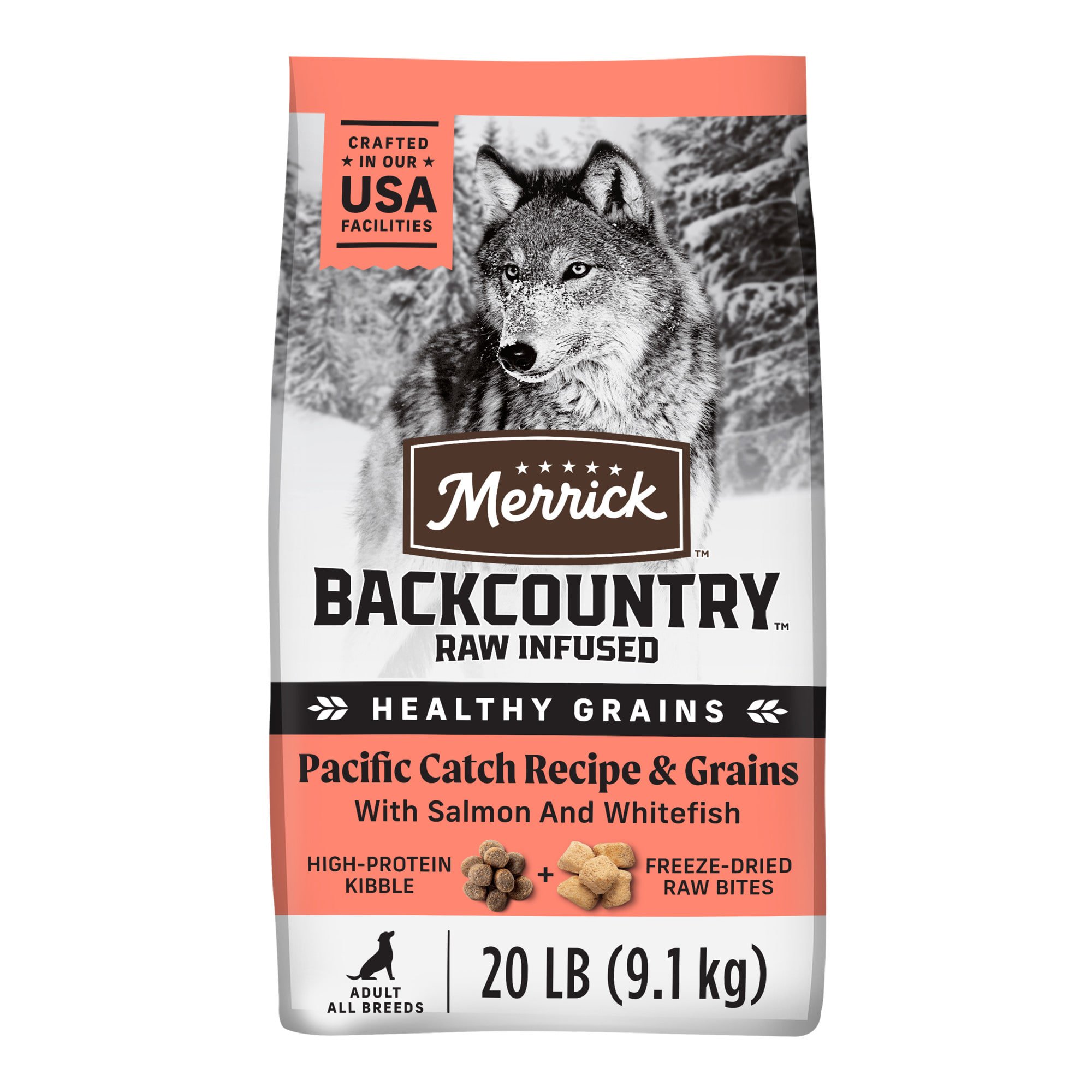 Merrick Backcountry Healthy Grains Kibble with Freeze Dried Raw Pieces Pacific Catch Recipe Premium Dog Food 20 lbs.