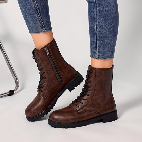 Willtoo Womens Combat Boots Round Toe Lace Up Side Zipper Mid Heel Ankle Boots Vintage British Style Fashion Non Slip Booties