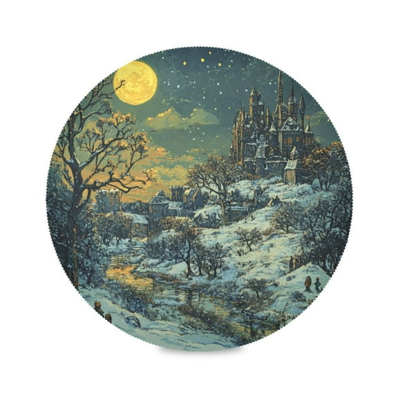 WOBOGO Winter Village Scene Round Placemats Set of 6 Heat Resistant Washable Kitchen Table Decorations 15.4in