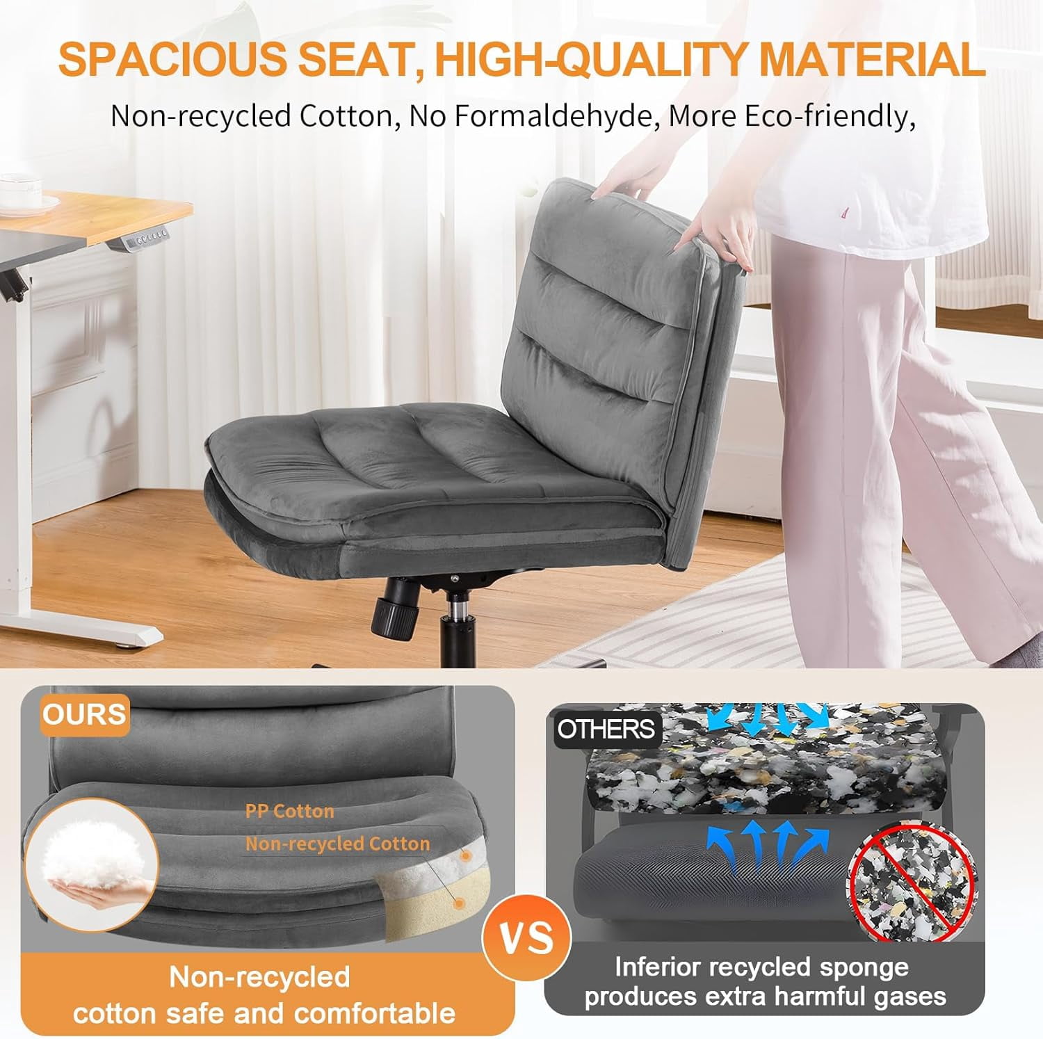 COMHOMA Armless Office Desk Chair with Wheels, Fabric Padded Cross Legged Office Chair, Modern Swivel Vanity Chair Height Adjustable Wide Seat Computer Task Chair, Gray