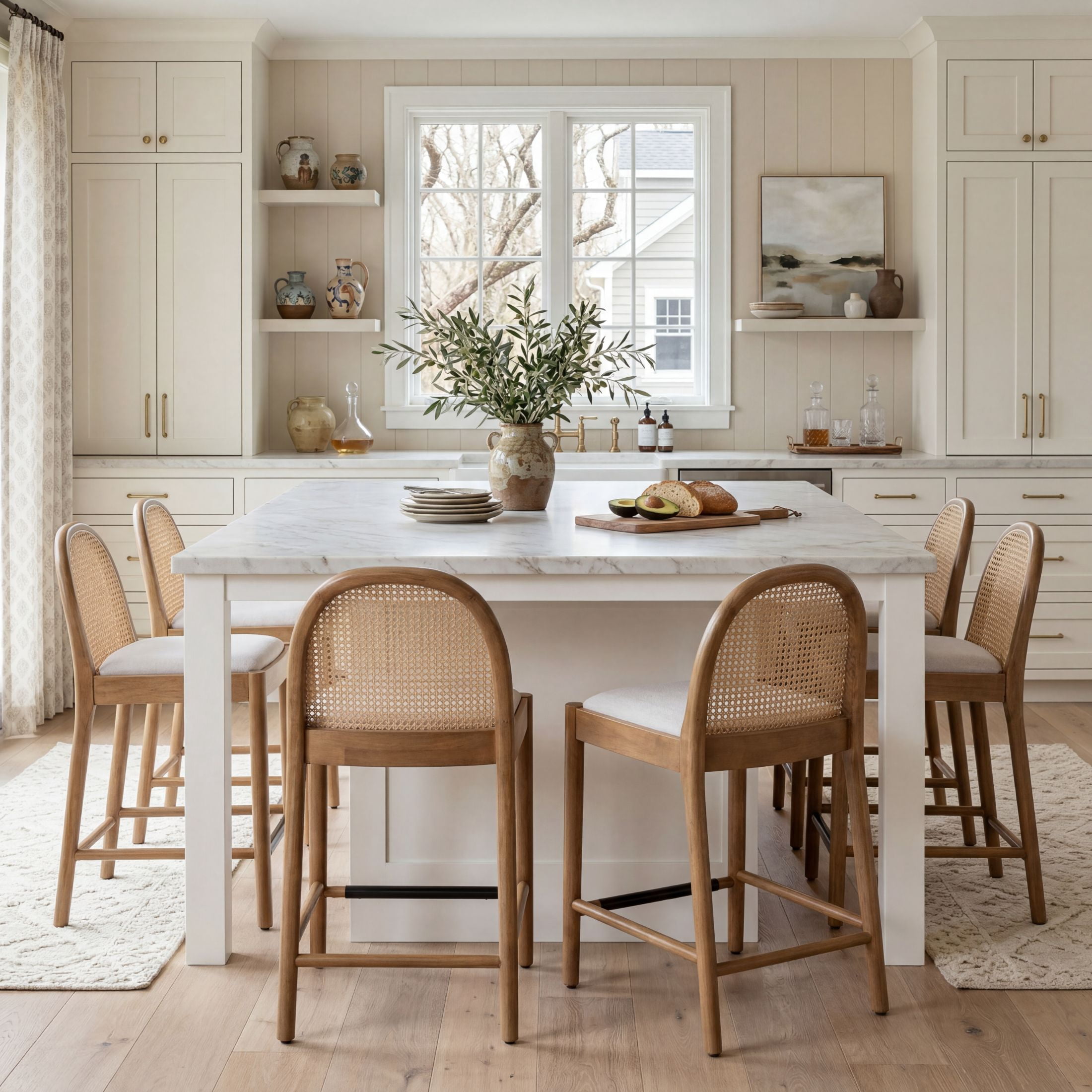 Guyou Modern Bar Stools Set of 2, 26" Counter Height Bar Stools with Natural Rattan Back and Solid Wood Frame, Linen Upholstered Kitchen Island Chairs for Bar Island Cafe Kitchen, Beige