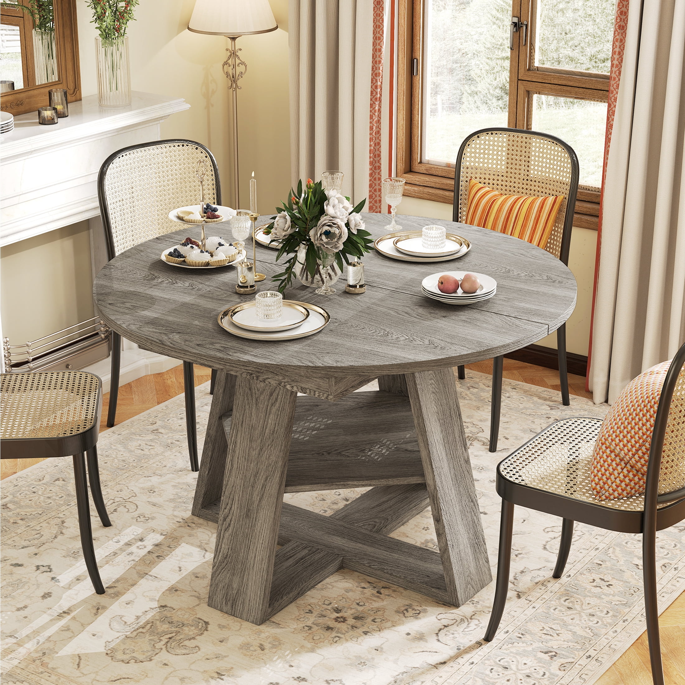 Hawsaiy 43.3-59 in Extendable Oval Dining Table for 4-6, Space-Saving Round Kitchen Table with Hidden Leaf Storage & Bottom Shelf for Small Space, Gray
