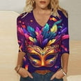thumbnail image 2 of YUGYXL Women's Trendy Mardi Gras 3/4 Sleeve Shirts Plus Size Party Mask Printed Loose Comfy Tshirts Summer V Neck Lightweight Tees Ladies Tunic Tops Sales, 2 of 4