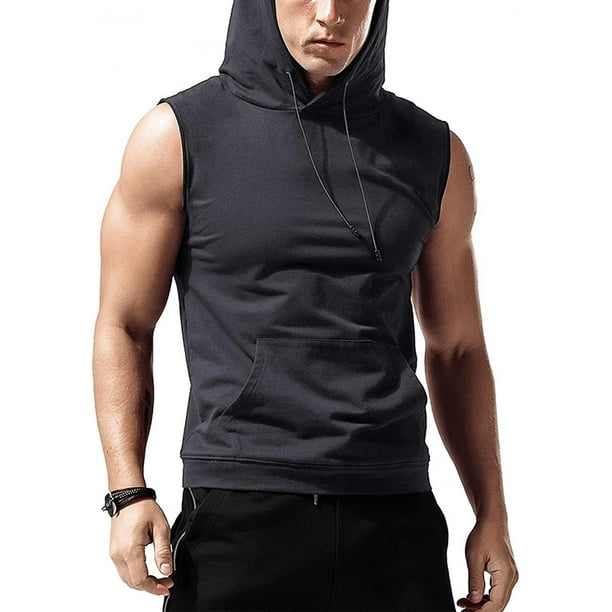Men's Workout Hooded Tank Tops Sleeveless Gym Hoodies Bodybuilding Muscle  Sleeveless T-shirts, Deep Grey, S