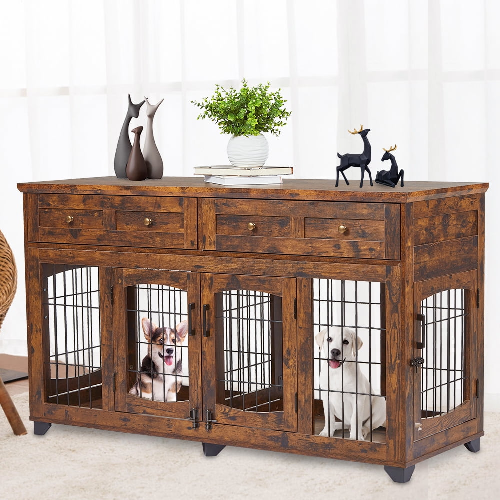 2 Rooms Dog Crate Furniture, 58" Large Wooden Dog Kennel Furniture with