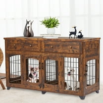 2 Rooms Dog Crate Furniture with Openable Divider,58" Wooden Dog Crate Table with 2 Drawers,5-Doors Dog Furniture,Heavy Duty Kennel for Medium/Large Dog,Indoor Dog Kennel,Dog House,Dog Cage