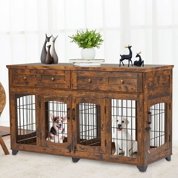 IDEALHOUSE 2 Rooms Dog Crate Furniture with Openable Partition,58" Wooden Dog Crate Table with 2 Drawers,5-Doors Dog Cage
