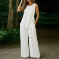 thumbnail image 6 of 2 Piece Women's Casual Linen Blend 2 Piece Outfit - Sleeveless Crew Neck Top with Decorative Side Buttons & High Waist Wide Leg Pants with Pockets, Solid Color White 2XL, 6 of 6
