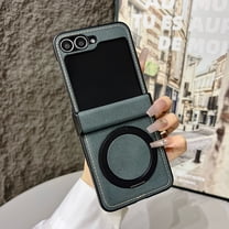 Dteck for Samsung Galaxy Z Flip 6 Case Magnetic with Hinge Protection & Ring Stand, Compatible with MagSafe, Slim Matte PU Leather TPU Bumper Shockproof Kickstand Cover for Z Flip 6,Green