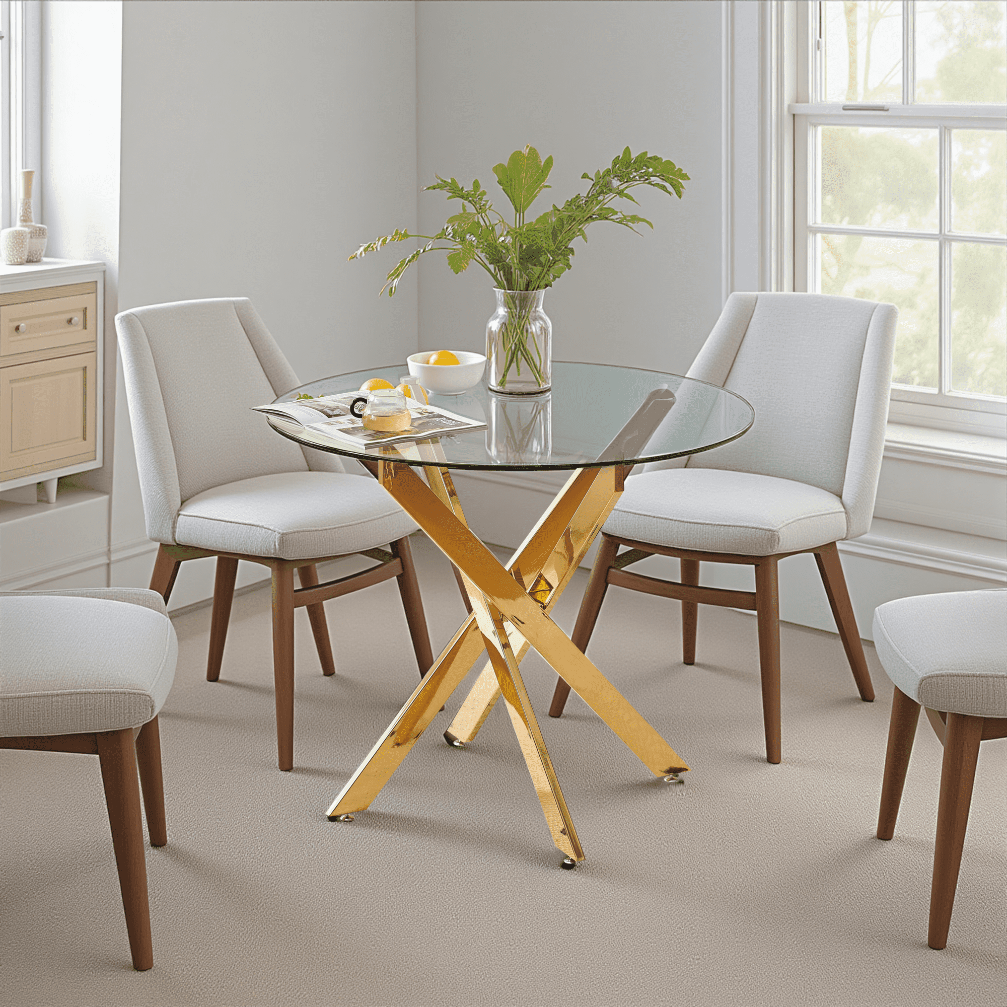 MAYEERTY Modern Golden Dining Table Cross Legs Glass Top Luxurious Living Room