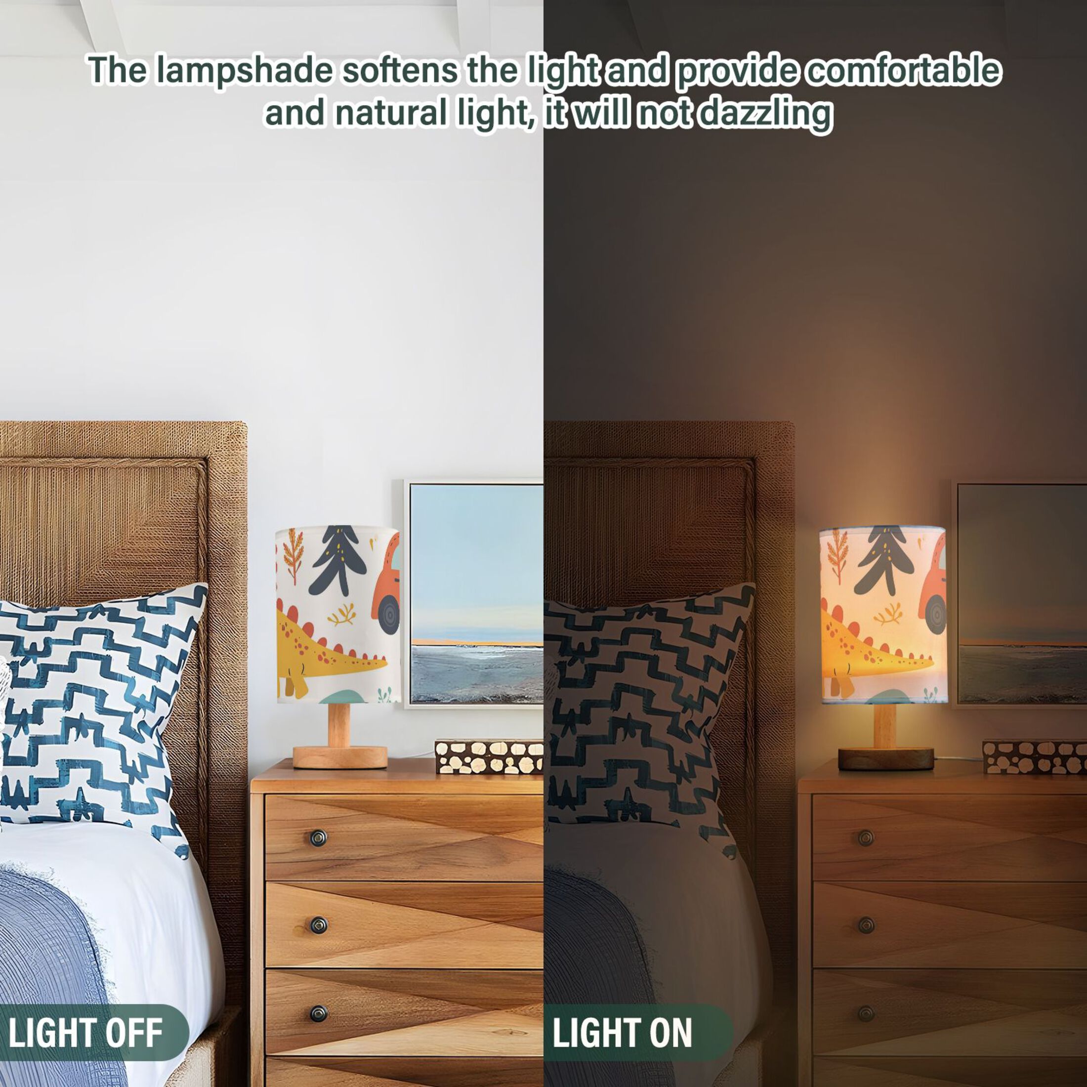 Dinosaurs Birds Leaves Cars Table Lamp USB Bedside Desk Nightstand Lamp Printed Gifts Small Lamp Wood Base for Bedroom Living Room Kids Room College Dorm