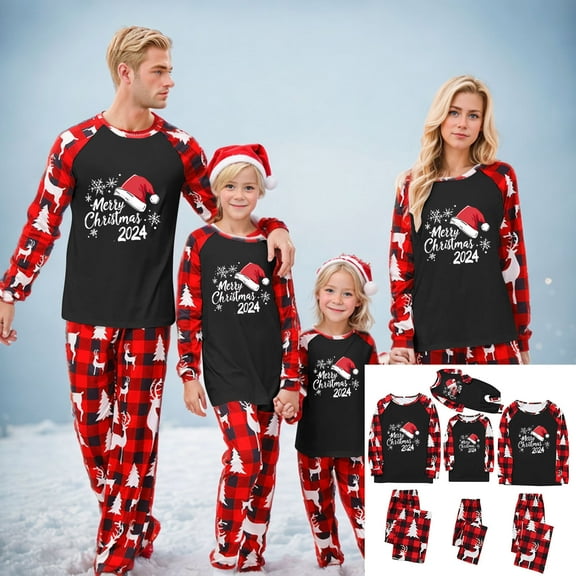 Odeerbi Christmas Pajamas for Family Holiday Long Sleeve Family Christmas Pajamas Matching Sets Dad Casual Printed Top Pants Outfits Loungewear Two-Piece Sleepwear Xmas PJs Set Red
