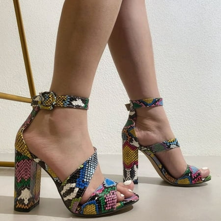 

Women s Snake Print Peep Toe Fish With Beak Strap And Buckles Round Head And Thick Heels Sandals
