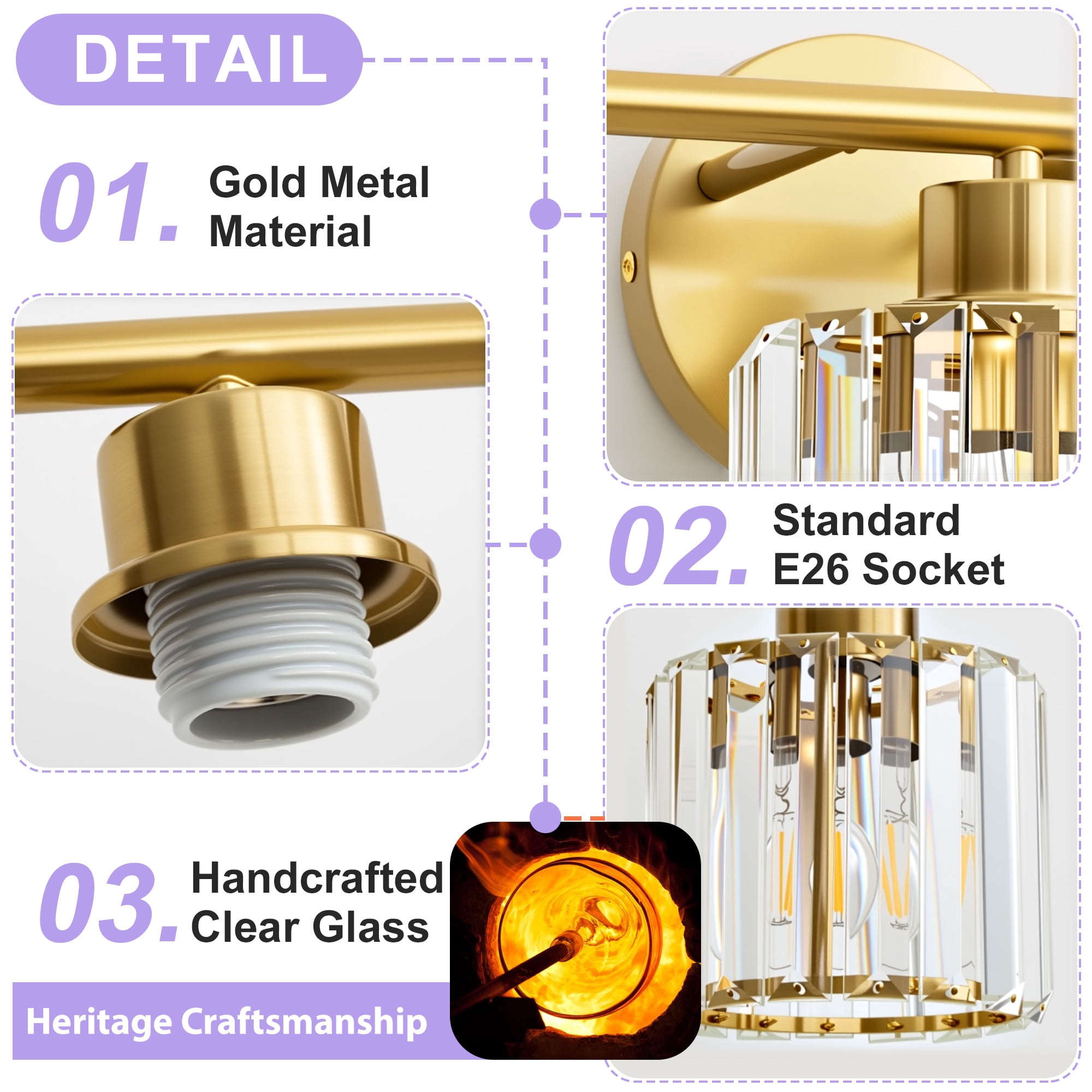 Deyidn Gold Vanity Light, 3-Light Modern Bathroom Fixture with K9 Crystal Shades, 22 Inches, Dimmable