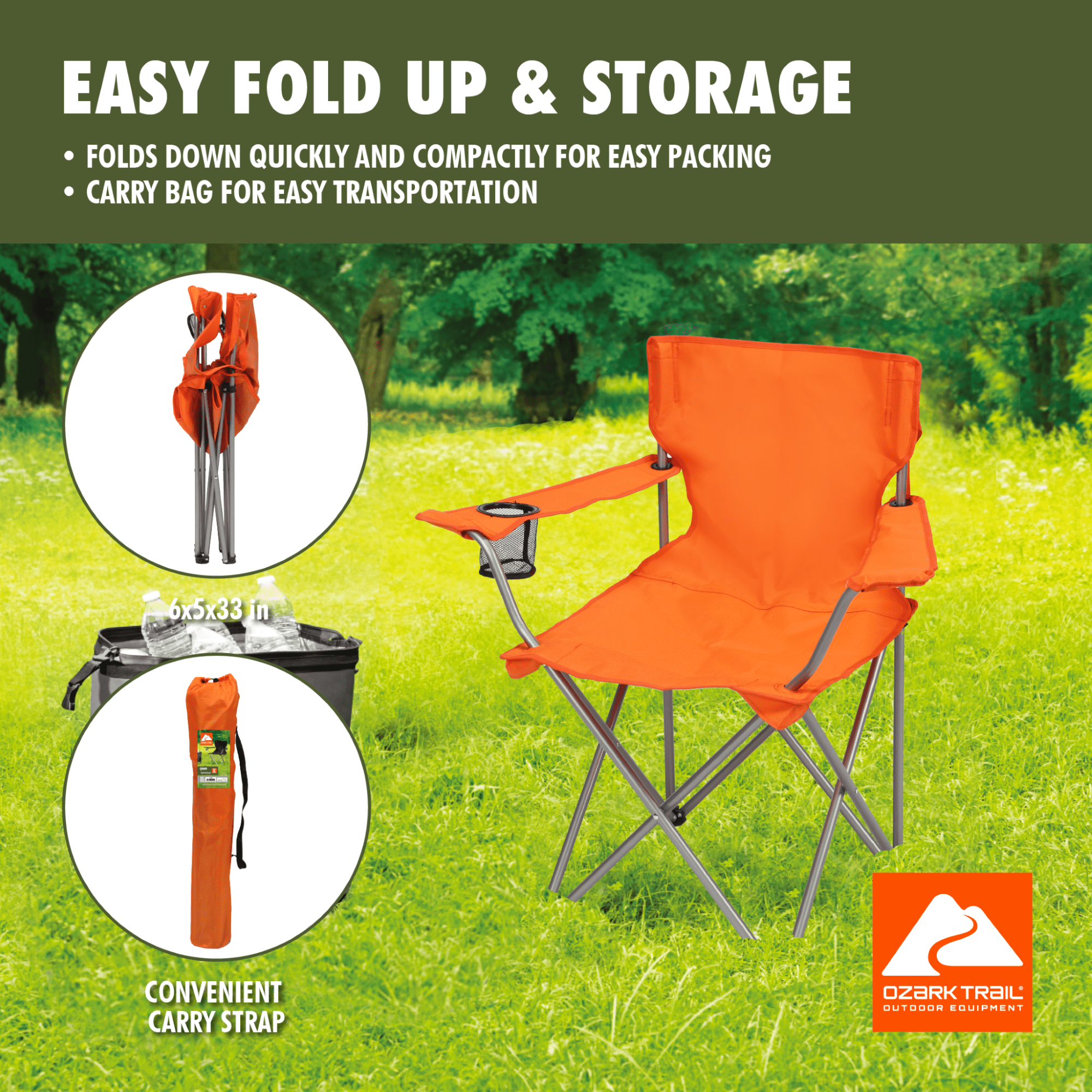 Ozark Trail Quad Folding Camp Chair with Cup Holder, Orange