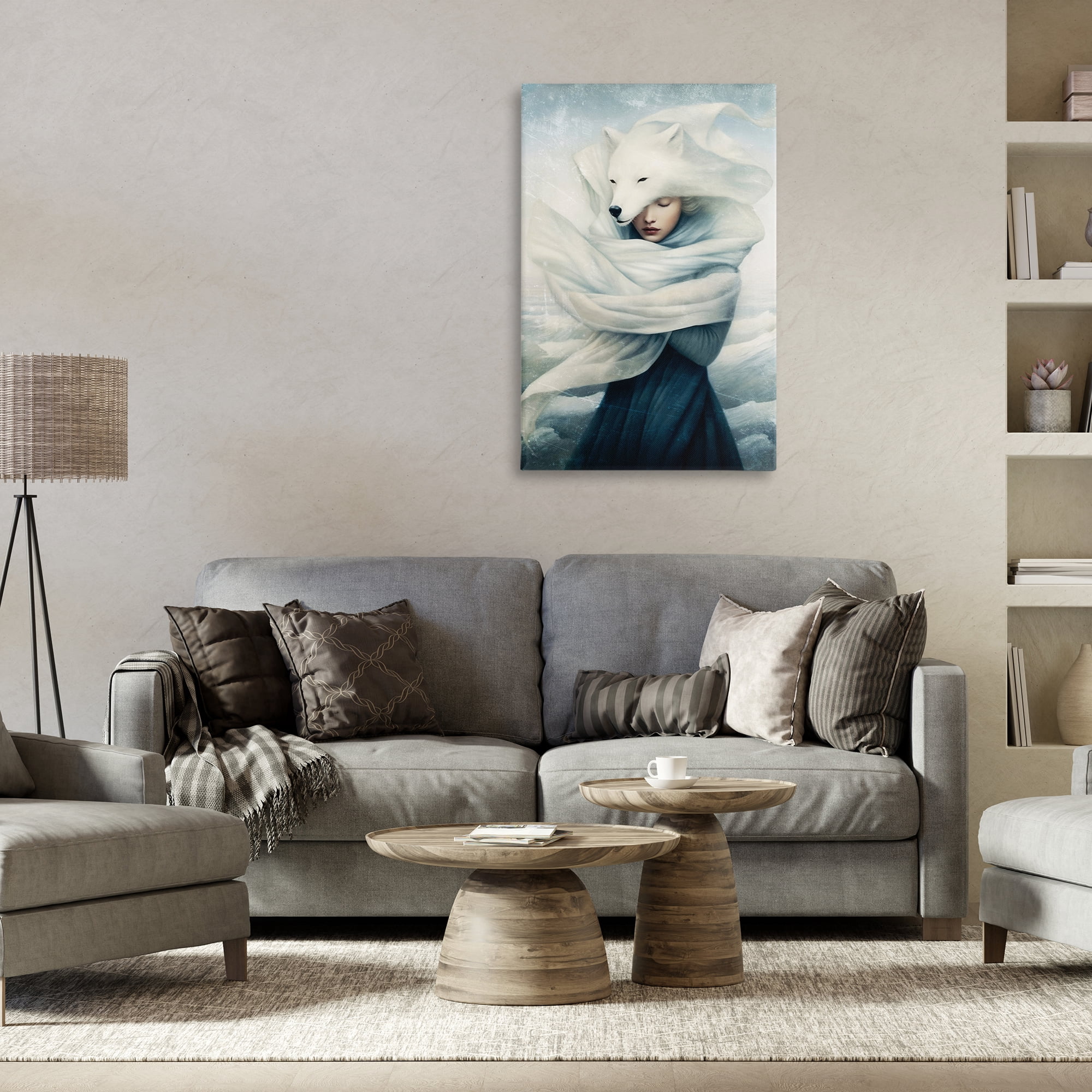 Stupell Industries Wolf Swathed Woman People Painting Wrapped Canvas Art Print Wall Art, 24 x 36