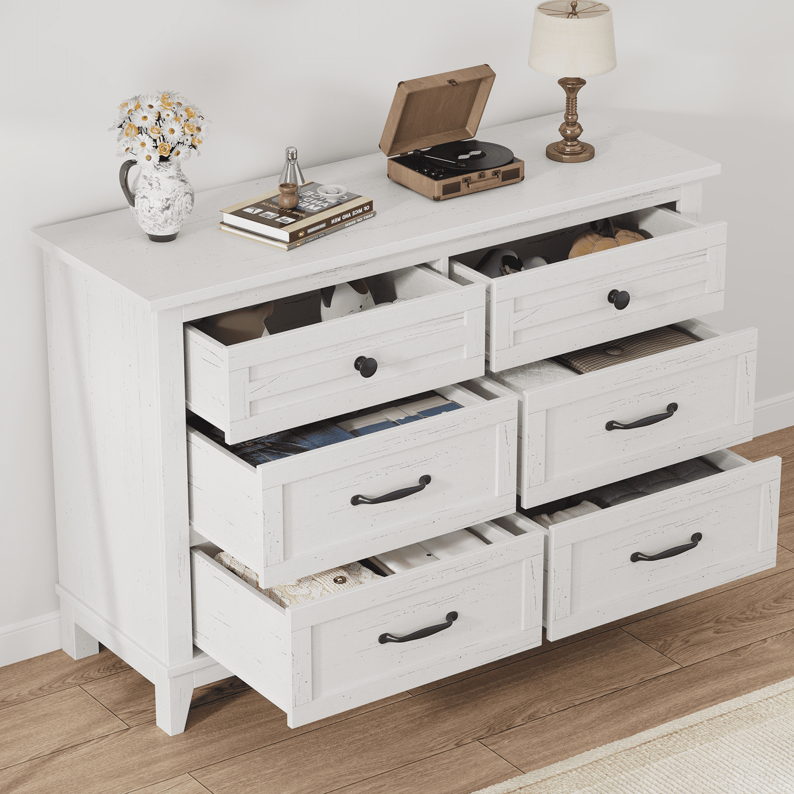 Towallmark 47" Wide Dressers for Bedroom 6 Drawers Wooden Dresser Storage Chest of Drawers for Living Room,Entryway,White