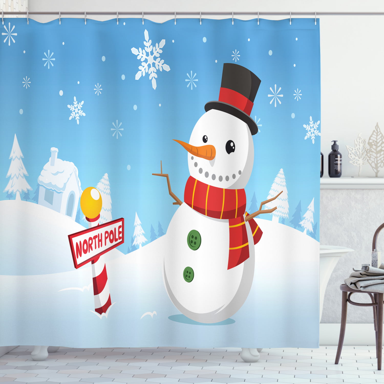 Lovely Snowman And Snowflakes In Orange Bathroom Fabric Shower Curtain 71Inch 