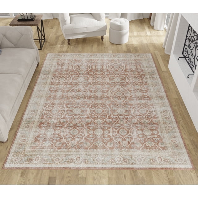 E-Z Wash Traditional Medallion Pattern Velvet Plush Rust Red, Room Size Machine Washable Area Rug 8X10,Ideal for Living Room, Dining Room, Bedroom