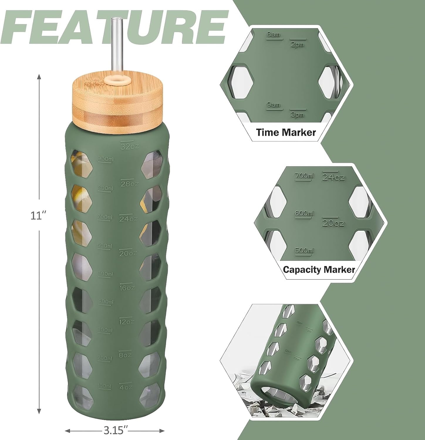 MUKOKO 32oz Glass Water Bottle, Glass Reusable Bottle with Silicone Sleeve and Straw, 1 Cup 2 Lids, Olive