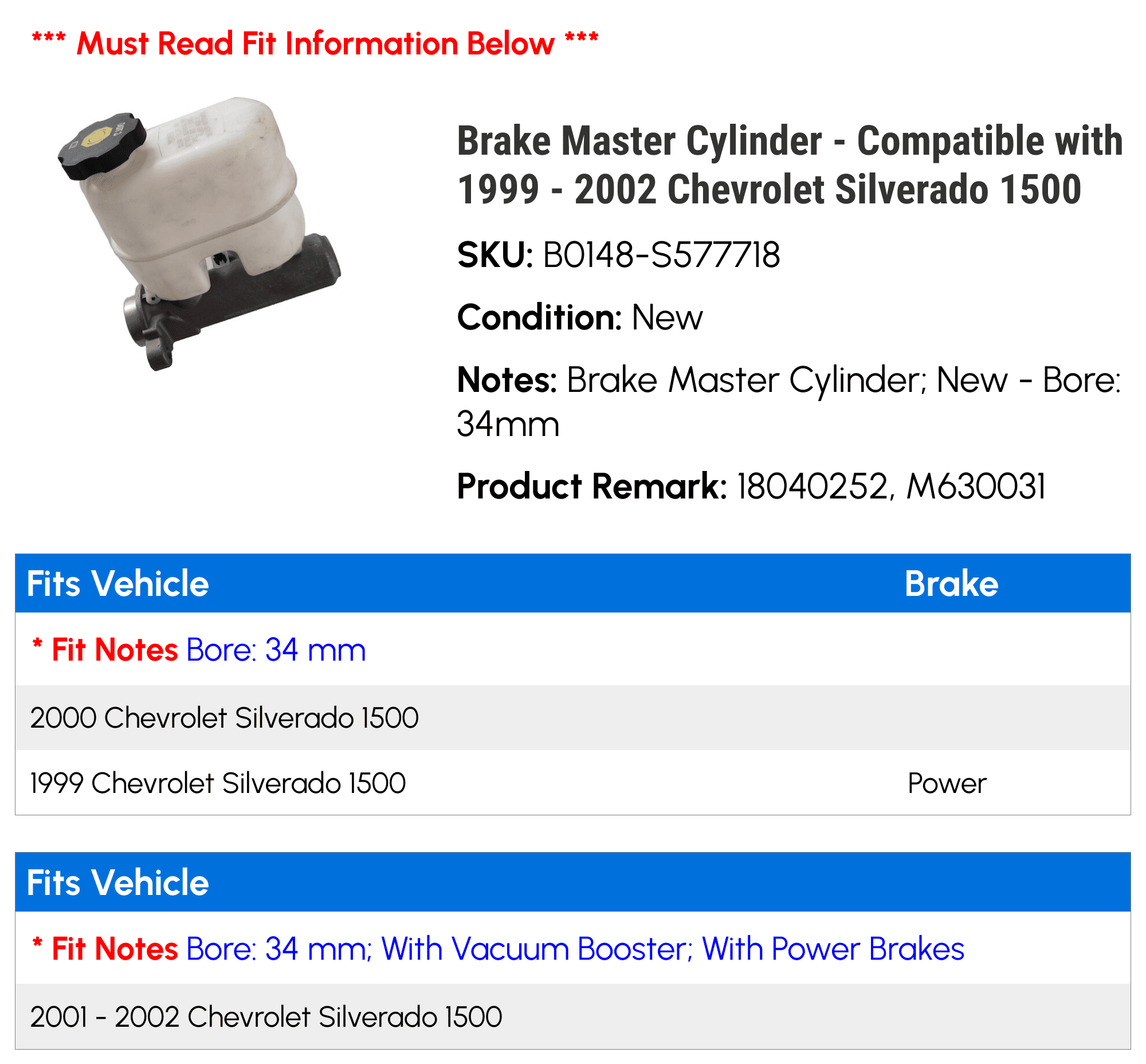 Brake Master Cylinder - Compatible with 1999 - 2002 Chevy Silverado 1500 2000 2001