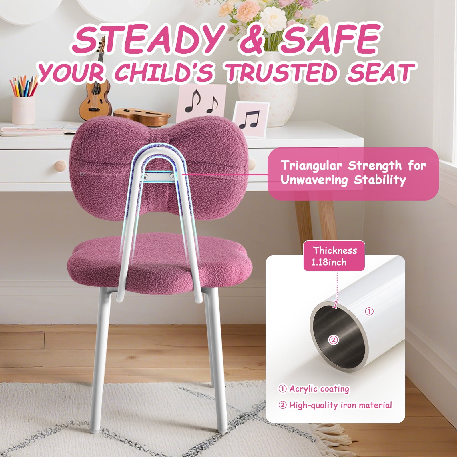 Teen Girls Vanity Chair Kids Desk Teddy Fleece Kids Reading Seat for Girls(Purple)