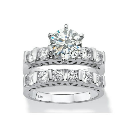 - 3 TCW Round White Cubic Zirconia 2-Piece Bar-Set Bridal Wedding Ring Set in Platinum over Sterling Silver