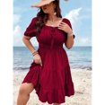 thumbnail image 6 of Burgundy Tie Front Ruffle Hem Plus Size Dress With Puffed Sleeves And Square Neckline, 6 of 7