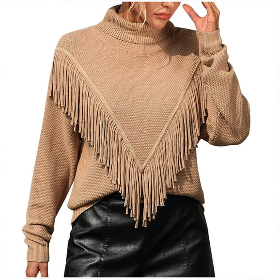 ShomPort Fall Sweater for Women Casual Long Sleeve Turtleneck Sweaters Fringe Front Pullover