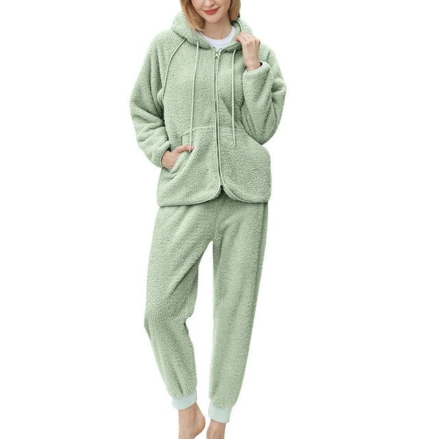 Timegard Pyjama 2 Pcs pour Femmes en Lin Polaire à Capuche avec Cordon de Serrage Col en V Vestes à Fermeture Éclair Pantalons à Bas Resserré avec Poches Ensembles
