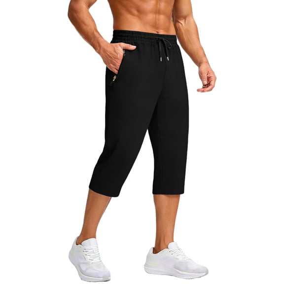 Zimjoy Mens Quick Dry Capri Joggers Breathable Moisture-Wicking Capri Pants Elastic Waistband Lightweight Pants for Running, Gym, Hiking, Black L