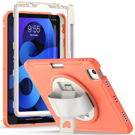 ELEHOLD Case for iPad Air (M2) 11 inch (2024) / iPad Air 4 & 5 10.9 Inch (2020/2022) / iPad Pro 11 2022, Military Grade Shockproof Silicone Protector with Pencil Holder Rotating Stand,Orange